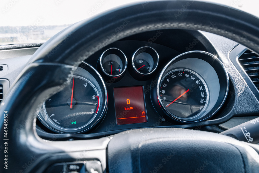 Speed background. Car dashboard panel with speedometer, tachometer. Fast vehicle, no limit concept.