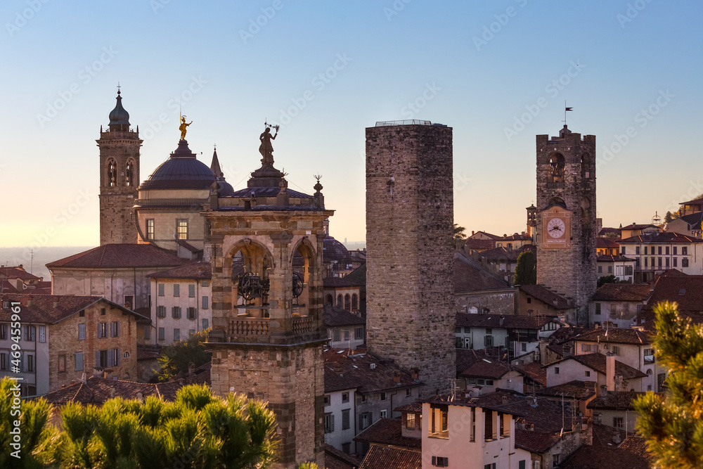 Bergamo, Lombardy, Italy. Skyline of the upper town and the bell towers of medieval churches.