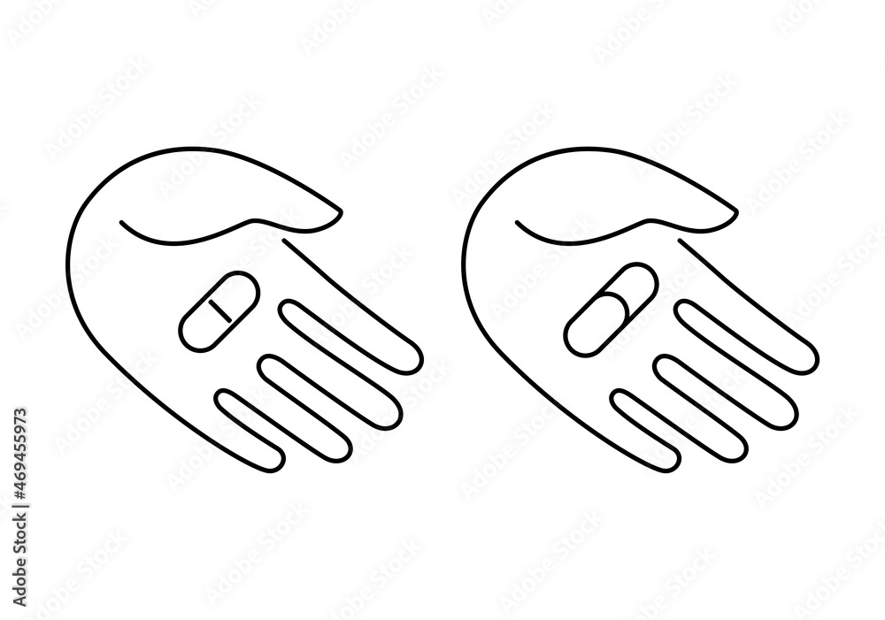 Opened palm with a pill. Medical icon. Continuous line drawing. Vector illustration. Opened palm with a pill. Medical icon. Continuous line drawing. Vector illustration.