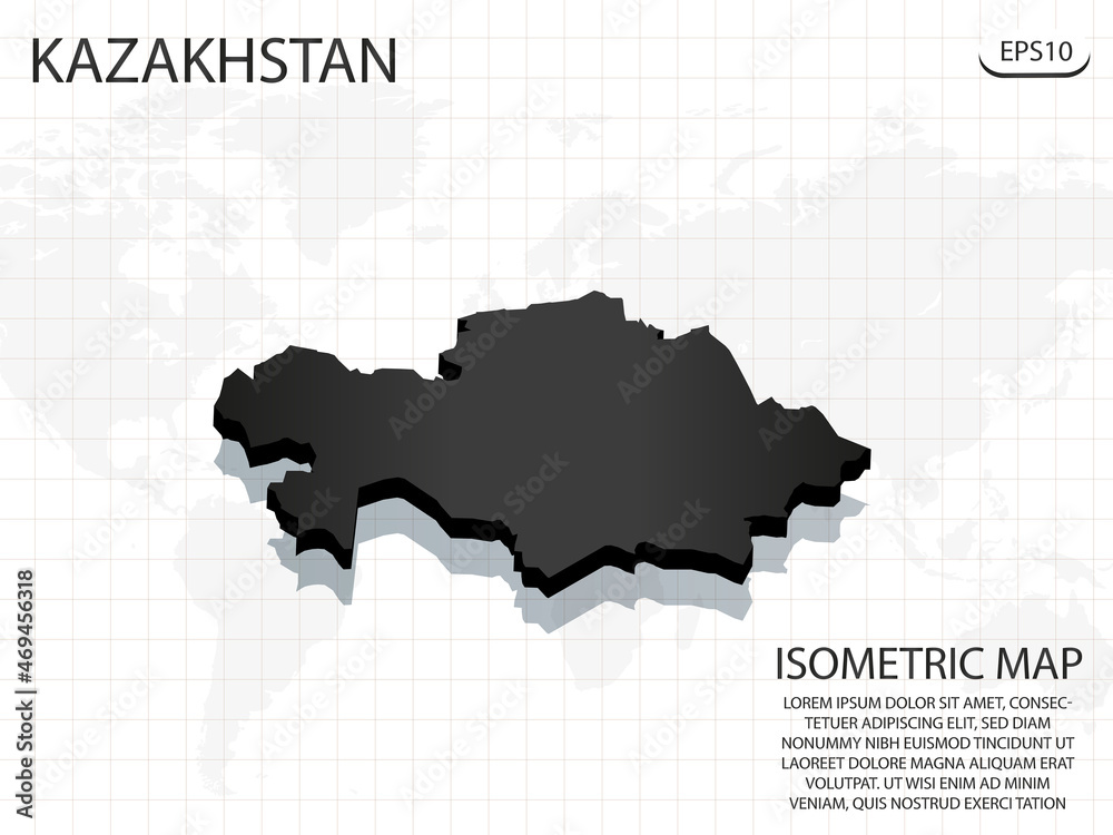 3D Map black of Kazakhstan on world map background .Vector modern isometric concept greeting Card illustration eps 10.