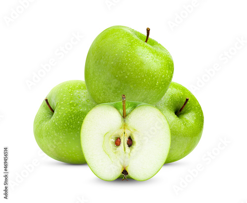 Green Apple on White Background with water drop in Full Depth of Field