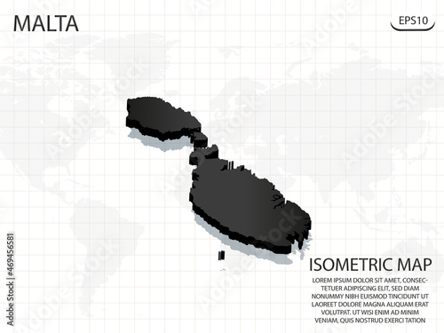 3D Map black of Malta on world map background .Vector modern isometric concept greeting Card illustration eps 10.