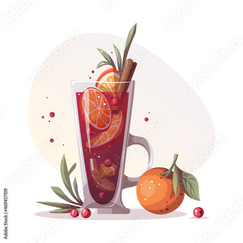 Mulled wine, grog, punch. Merry Christmas, cozy winter, New Year, holidays concept. Isolated vector illustration for poster, banner, cover.