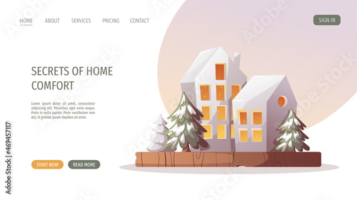 Decorative lamp houses with Christmas tree. Merry Christmas, cozy winter, New Year, home comfort, holidays concept. Vector illustration for poster, banner, website, cover.