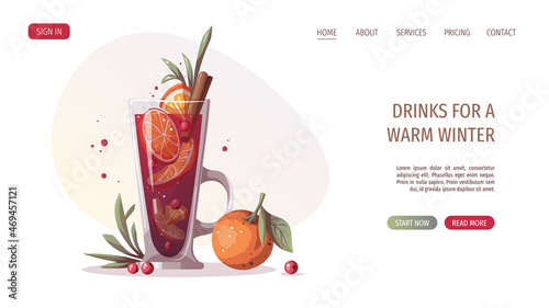 Mulled wine, grog, punch. Merry Christmas, cozy winter, New Year, holidays concept. Vector illustration for poster, banner, website, cover.
