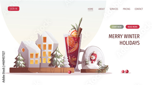 Snow globe with snowman, decorative lamp houses, mulled wine. Merry Christmas, cozy winter, New Year, home comfort, holidays concept. Vector illustration for poster, banner, website, cover.