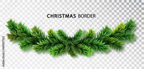 Christmas garland with fir branches isolated on a transparent background. Green christmas tree branches borders Holiday design element, decoration