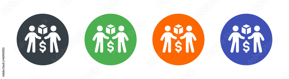 Sell vector icon illustration set. People trading product with dollar money symbol. Sell vector icon illustration set. People trading product with dollar money symbol.