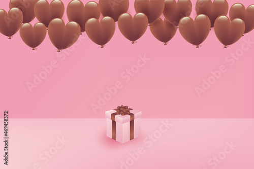 チョコ色のハート形風船とギフトボックスのイラスト