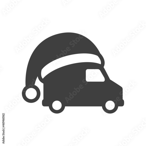 Logotipo con camión con silueta de sombrero de Papá Noel en color gris, para su uso en invitaciones y tarjetas de felicitación 