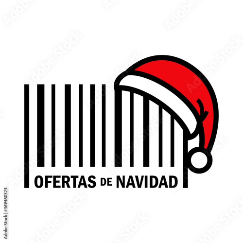 Regalos de Navidad. Banner con frase Ofertas de Navidad en español en código de barras con sombrero de Papá Noel con líneas en color negro y rojo