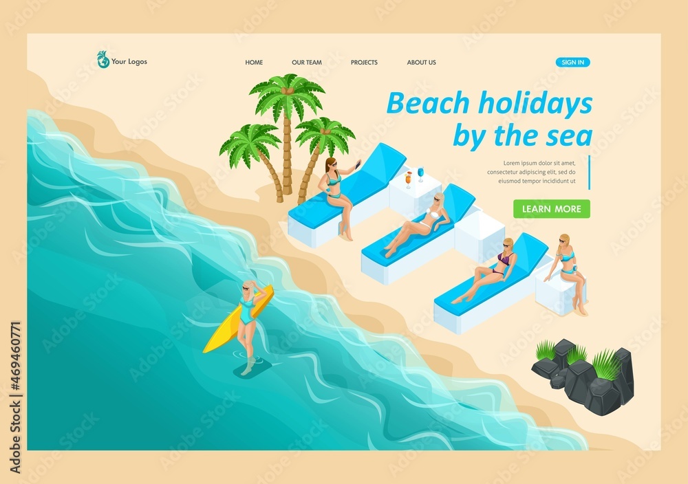 3D isometric, girls relax on the beach, oceans. Advertising concept for a travel agency. For the landing page