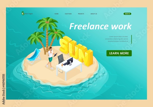 3D isometric paradise island in the middle of the ocean, man freelancer relaxing under a tropical palm tree. For vector illustrations. Landing Page Concept