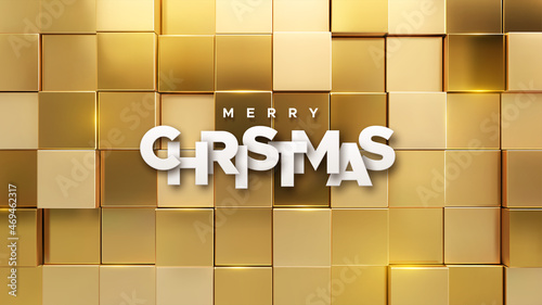 Merry Christmas white paper sign on golden geometric background.