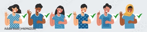 School kids vaccine or group of diverse children vaccination. Healthcare, medical prevention and immunize. Set of ethnic little people with arm bandage . Flat vector cartoon illustration banner