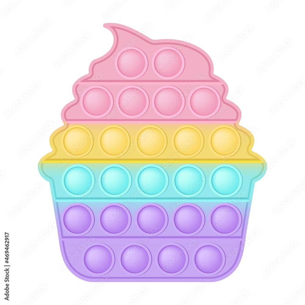 Popit figure cupcake as a fashionable silicon fidget toys. Addictive anti  stress toy in pastel rainbow colors. Bubble anxiety developing pop it toys  for kids. Vector illustration isolated on white. vector de