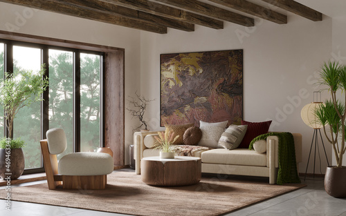 Canvas Print Interior design of modern apartment with large wood window, cozy sofa and rafter
