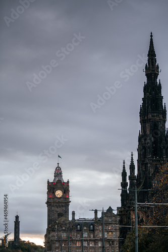 Sir Walter Scott memorial in Edinburgh, during a cloudy autumn morning. Landmarks of Scotland, United Kingdom, in the north part of Europe. Travel photography.