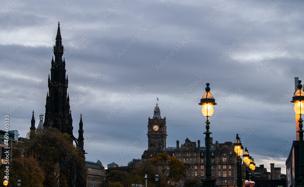 Edinburgh, Scotland - 2021: Street scenes from the historical city center of Edinburgh. Photos taken during an autumn cloudy morning. Landmark buildings in the United Kingdom. Architecture details.
