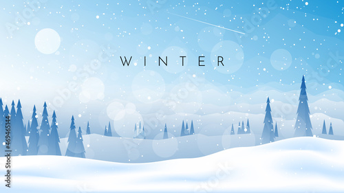 Winter landscape. Snowfall in the mountains. Travel concept of discovering, exploring, observing nature. Hiking tourism. Adventure. Minimalist polygonal flat design graphic poster. Vector illustration