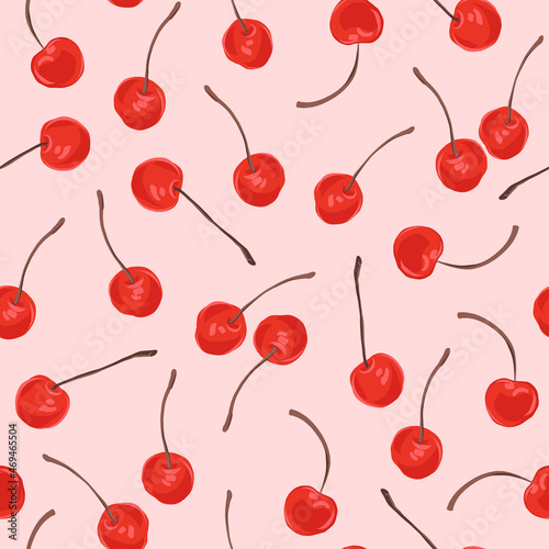 Cherry vector seamless pattern. Red berry surface design. Fruity summer background.