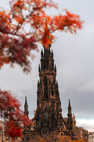 Sir Walter Scott memorial in Edinburgh, during a cloudy autumn morning. Landmarks of Scotland, United Kingdom, in the north part of Europe. Travel photography.