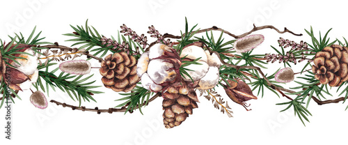 Seamless border of cotton branches, pine branches, twigs and dried wild plants. Winter holiday floral decor. Watercolor hand painted isolated element on white background.