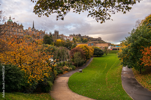 Edinburgh Castle, a historic construction in Scotland. It stands on Castle Rock. Landmarks of United Kingdom. Photo taken during a cloudy autumn morning from Princess Street Gardens.