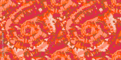 Vector Tie and Dye Seamless. Ethnic Texture. Psychedelic Geo Borders. Orange Mottled Prints. Abstract Bohemian Tile. Red Tie Dye Batik. Watercolor Background. Faded Colors.