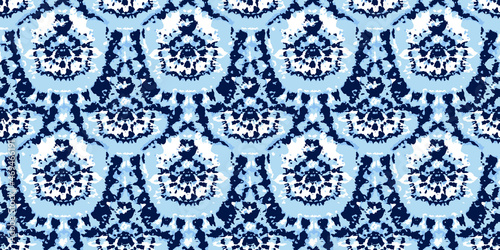 Vector Tie Dye Texture Repeat. Ethnic Print. Floral Psychedelic Prints. Blue Mottled Ornament. Graphic Bohemian Tile. Blue Tie Dye Tile. Watercolor Texture. Bleach Dye.