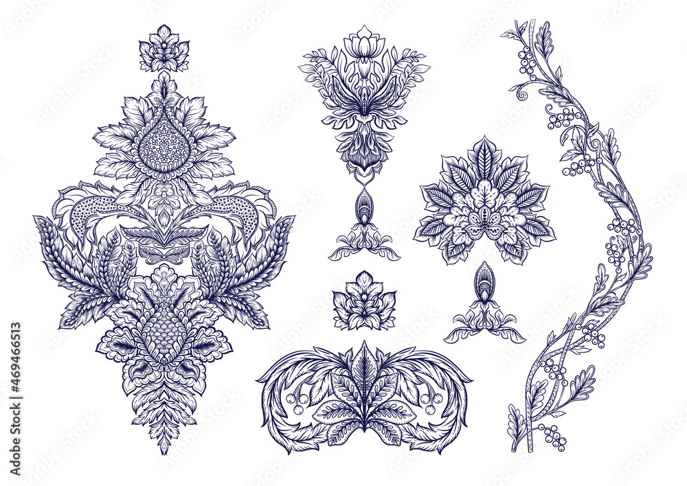 Classical luxury old fashioned damask ornament, royal victorian floral baroque. Clip art, set of elements for design Vector illustration.