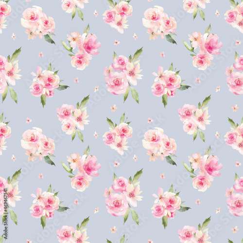 Watercolor seamless pattern with pink flowers. Garden style texture for wrapping paper or textiles