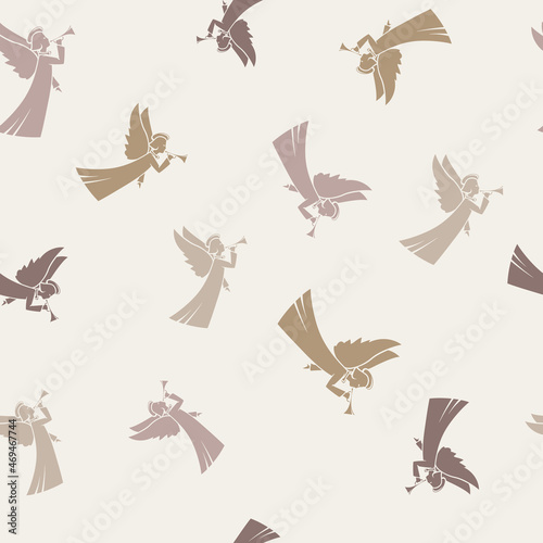 Seamless pattern with Christmas angel on a pastel beige background, vector illustration