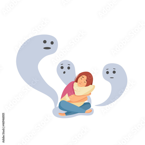 Psychiatric diagnostics. A woman suffering from persecution phobias, fear of the past. Paranoid disorder. Fear of your shadow. Cartoon vector illustration