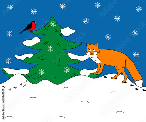 children's doodle winter illustration where the fox and bullfinch in the winter snow forest