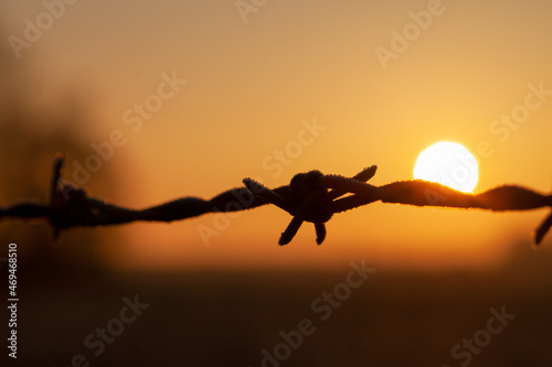 Orange sunset with barbed wire close up