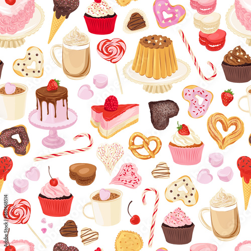 Cake Cupcake Macaron Donut Candy Latte coffee vector seamless pattern. Romantic bakery treats surface design. Valentines day desserts background.