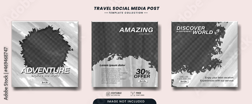 Set of editable travel sale social media banner post template with brush stroke