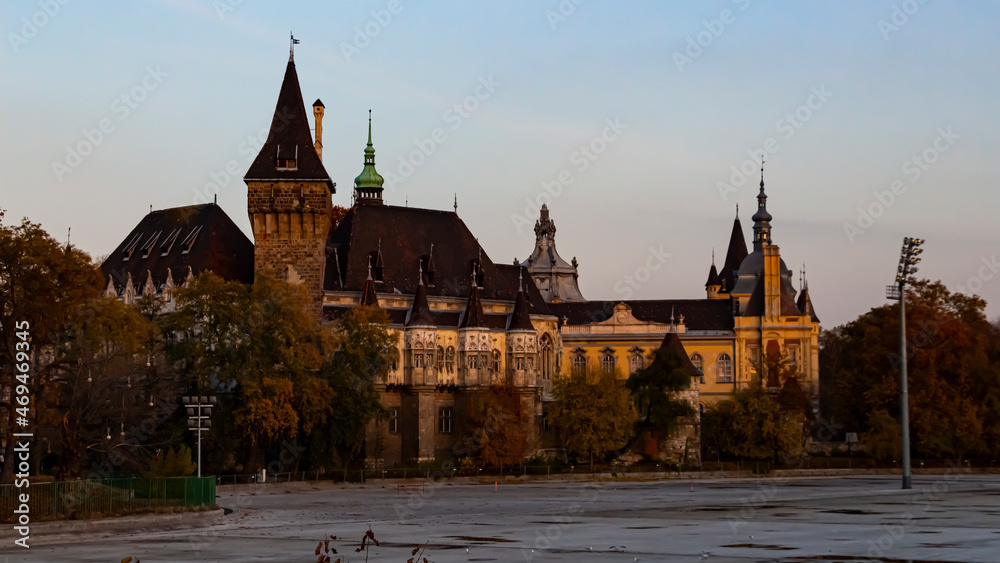 The Vajdahunyad Castle after sunset