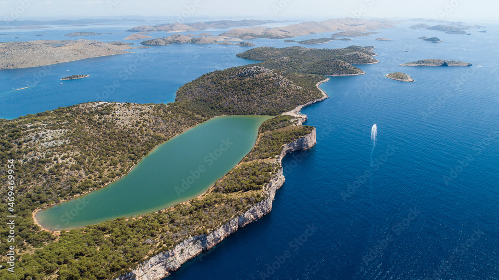 Aerial view of the salt lake Mir in Nature Park Telascica, Croatia