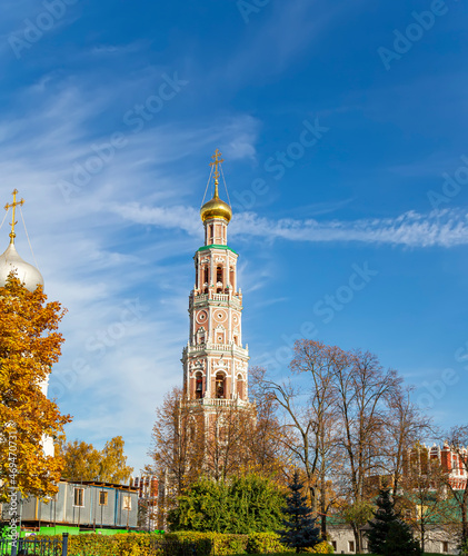 Novodevichy convent (Bogoroditse-Smolensky monastery) on a sunny autumn day. Octagonal bell-tower (1689–90).  Moscow, Russia. UNESCO world heritage site