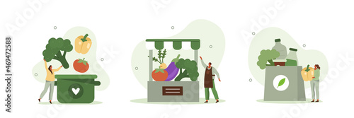 Healthy eating illustration set. Character buying fresh organic vegetables in local farmer market and cooking healthy vegan meal. Local production support and health care concept. Vector illustration.