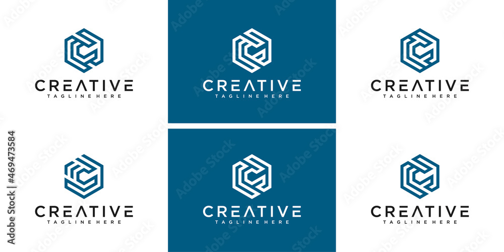 Creative Letter C line with hexagon logo collection. C logo design collection. set Letter C logo design inspiration