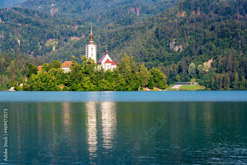 Island with a church on it in Lake Bled, Slovenia