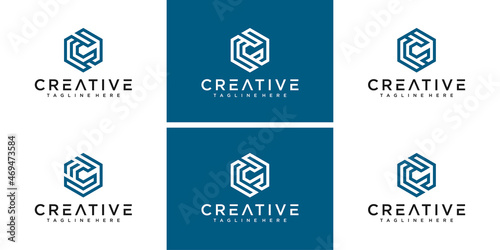 Creative Letter C line with hexagon logo collection. C logo design collection. set Letter C logo design inspiration