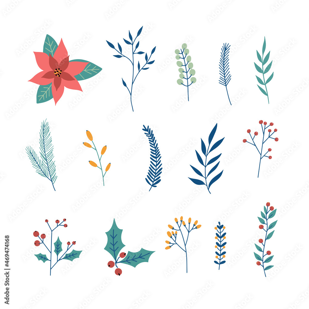 Poinsettia flowers, holly berries, and Christmas hand-drawn floral elements vector image. Poinsettia flowers, holly berries, and Christmas hand-drawn floral elements vector image.
