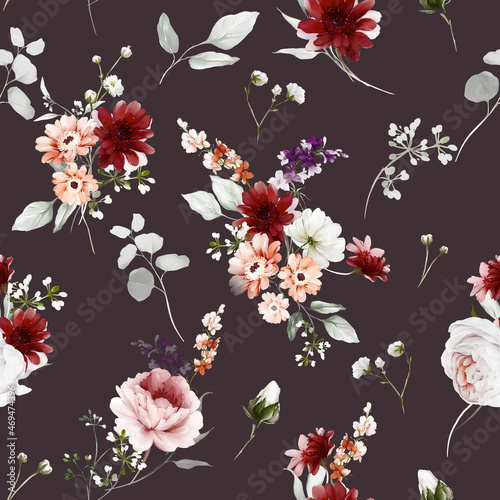 Seamless floral pattern with bouquets of flowers in a watercolor style