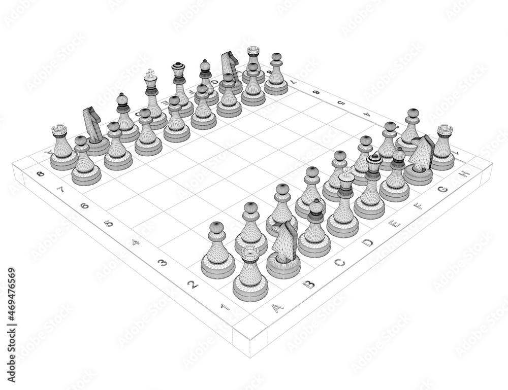 Wireframe of chess pieces on a chessboard from black lines isolated on white background. Isometric view. 3D. Vector illustration Wireframe of chess pieces on a chessboard from black lines isolated on white background. Isometric view. 3D. Vector illustration