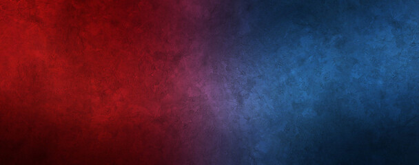 Rough concrete wall background with red blue neon lights and glowing lights. Lighting effect on empty cement wall.