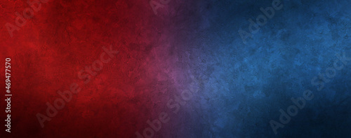 Rough concrete wall background with red blue neon lights and glowing lights. Lighting effect on empty cement wall.